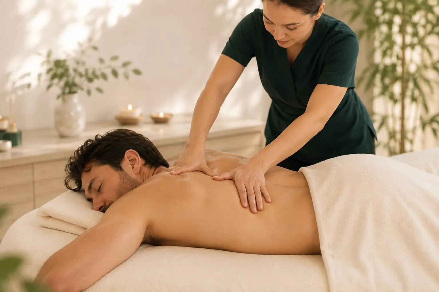 A private treatment room at Sweet & Smile Massage, extra-wide massage table made up with fresh linens