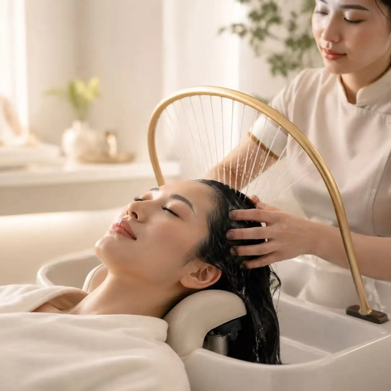 Luxury head spa under a brass rainfall halo, before the facial half of the ritual — Sweet & Smile Massage, Daly City