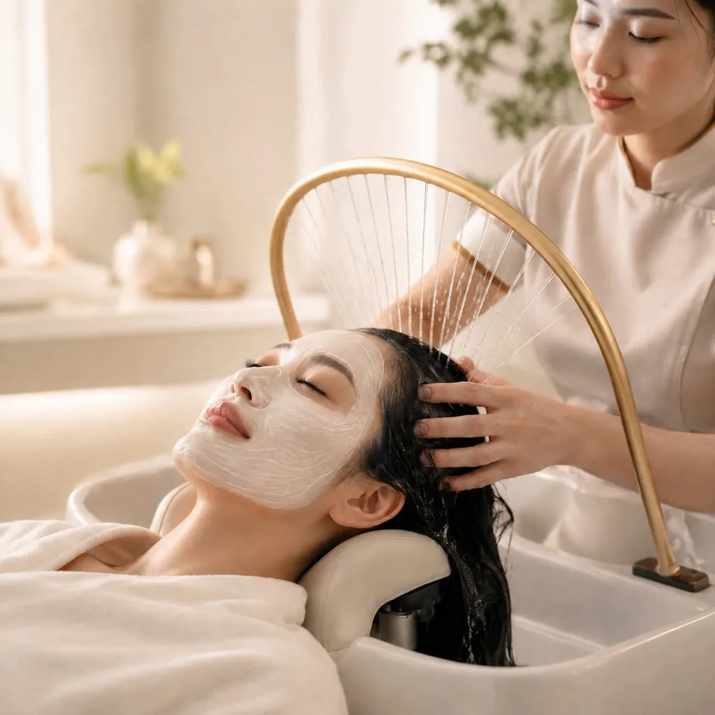 Hair mask and rainfall rinse during the head spa stage of the Ultimate ritual — Sweet & Smile Massage, Daly City