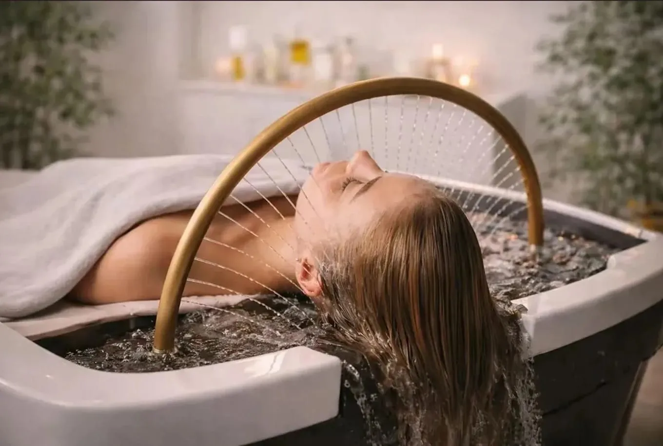 Head spa rinse at the basin under a rainfall spout — Sweet & Smile Massage, Daly City