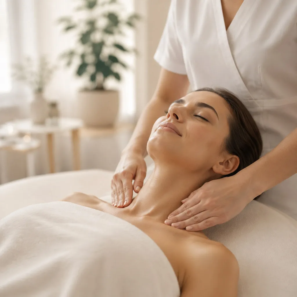 Light rhythmic work at the collarbone during a lymphatic drainage session — Sweet & Smile Massage, Daly City