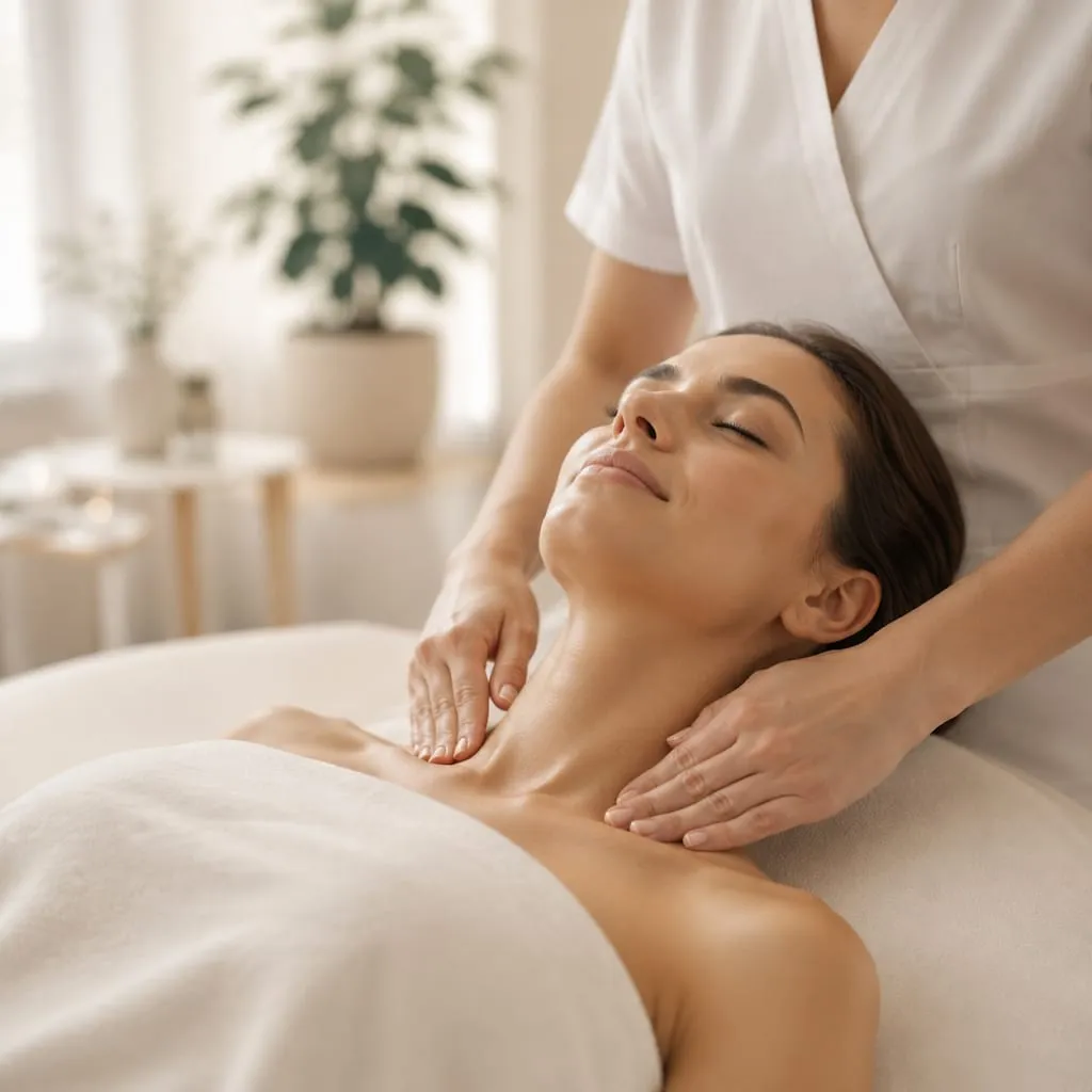 Slow work along the shoulder line during a neck and shoulder session at Sweet & Smile Massage, Daly City