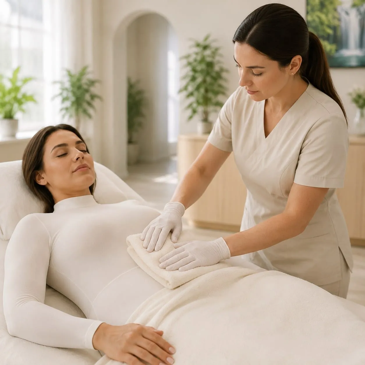 Warm towel pressed over the abdomen during an add-on — Sweet & Smile Massage, Daly City