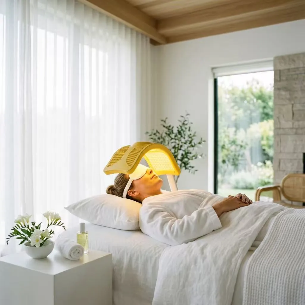 Guest resting under a light therapy mask during an age-defying facial — Sweet & Smile Massage, Daly City