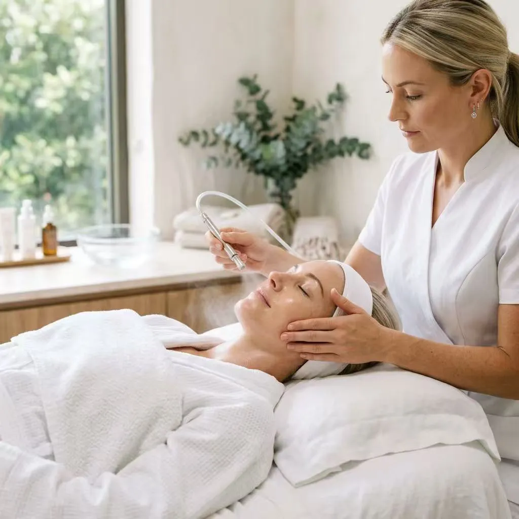 Therapist working across the face with a handheld tool during a deep pore facial — Sweet & Smile Massage, Daly City
