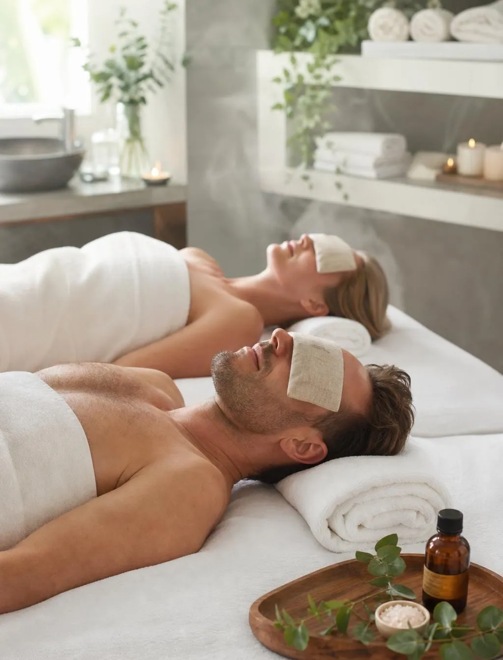 Two guests resting side by side under warm eye compresses at Sweet & Smile Massage in Daly City