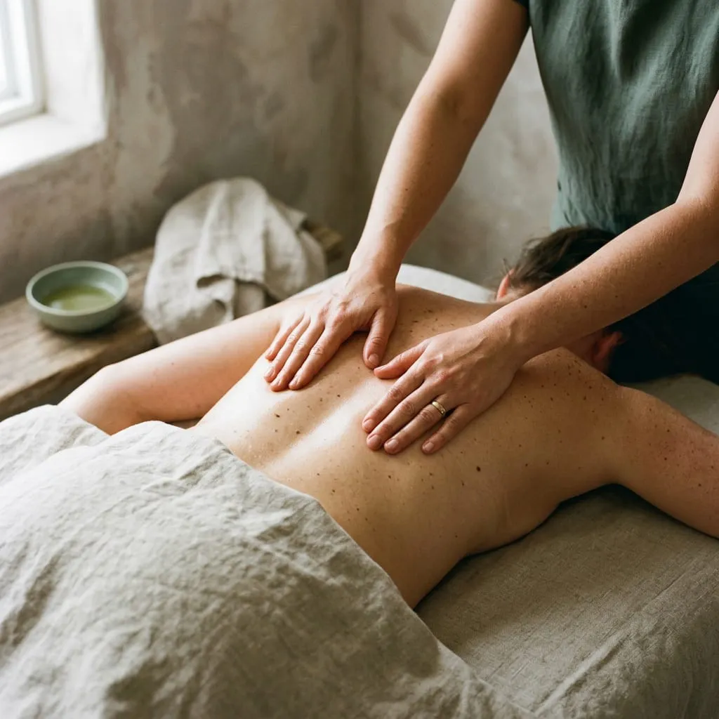 Firm forearm pressure worked along the upper back during a deep tissue massage at Sweet & Smile Massage in Daly City