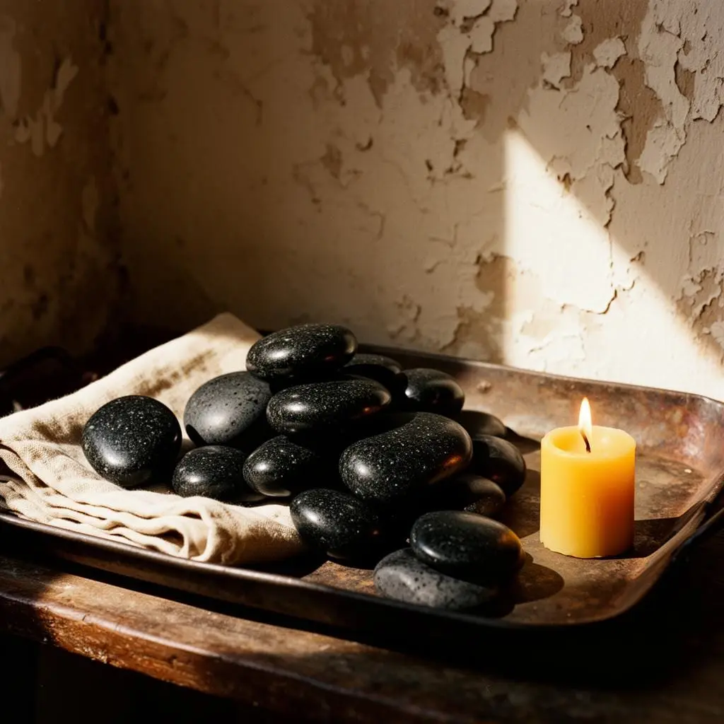 Warm basalt stones on a tray beside a lit candle — included free with most massage bookings at Sweet & Smile Massage