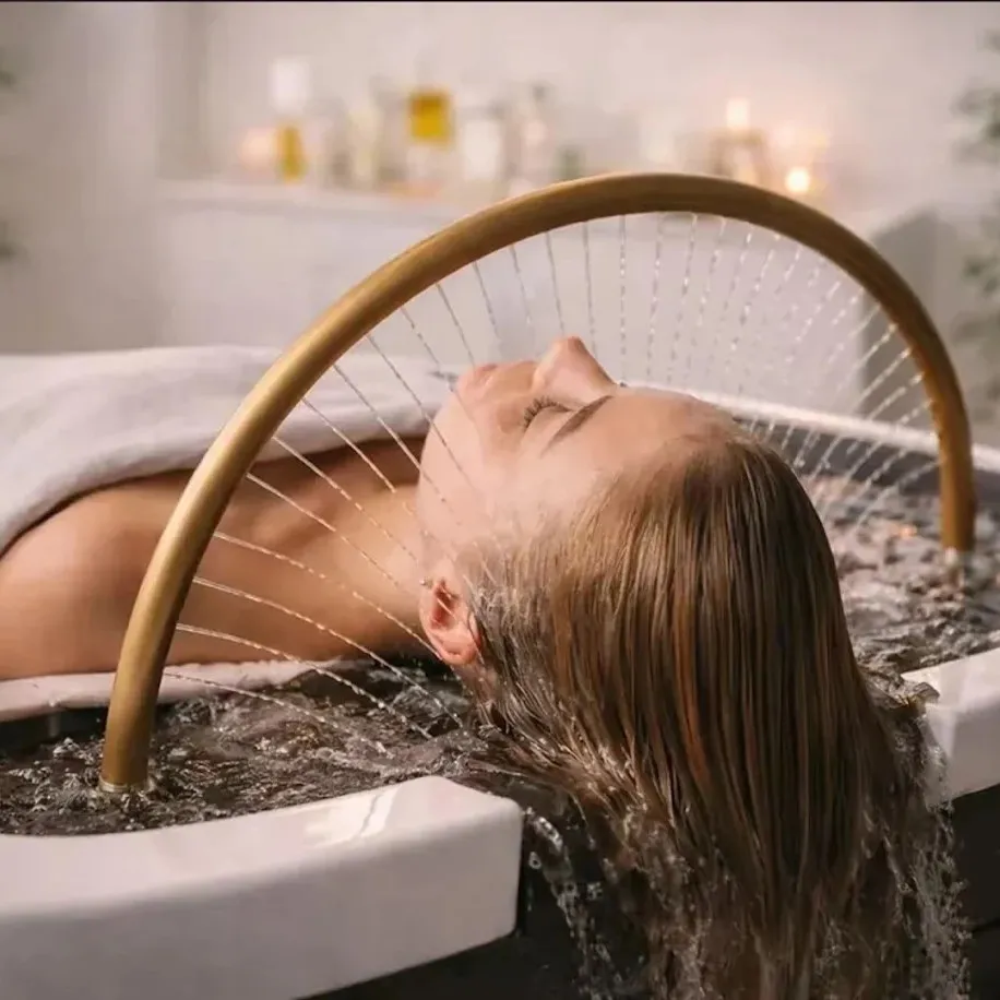 Warm water rinsed through the hair at the head spa basin — Sweet & Smile Massage, Daly City