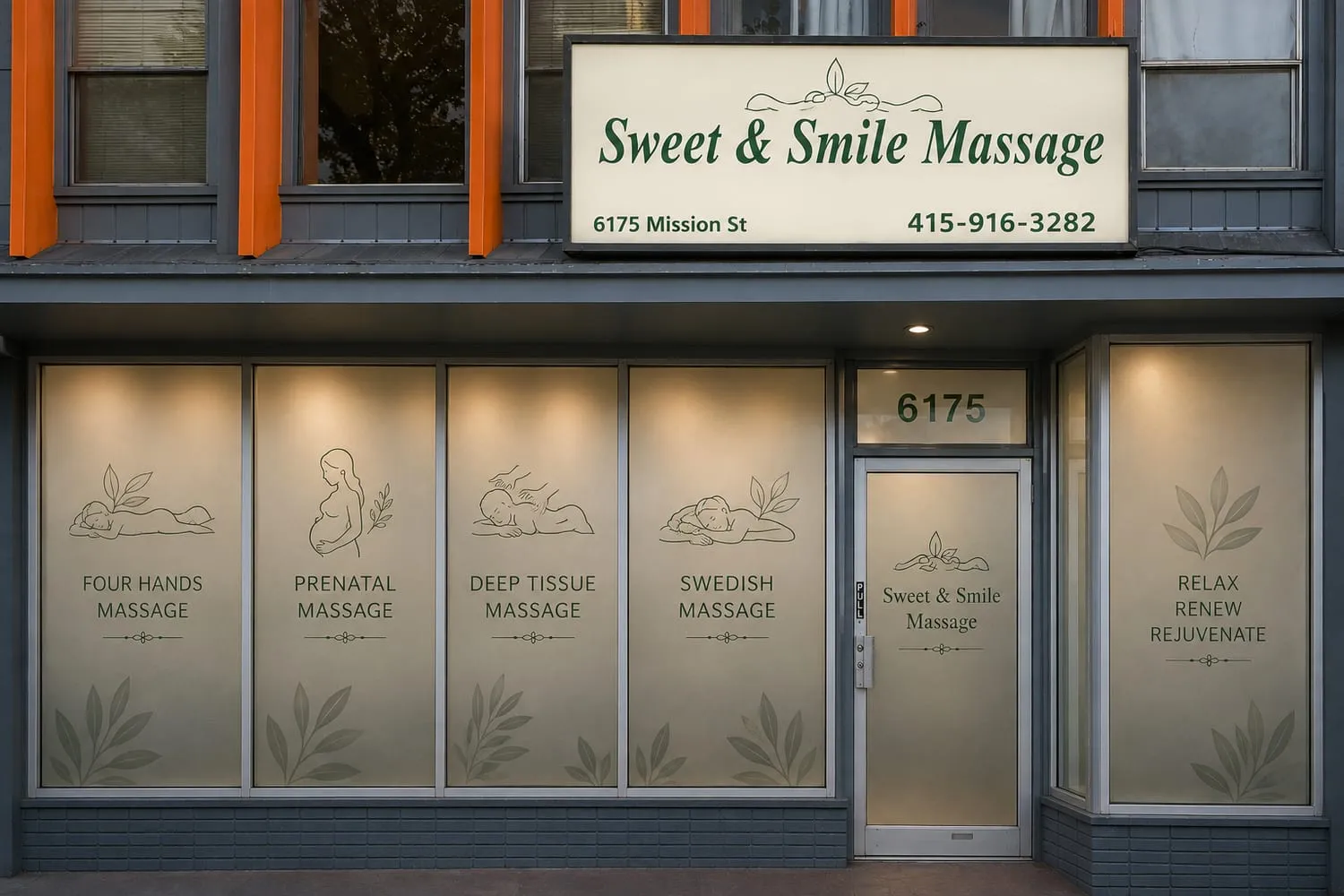 Sweet & Smile Massage storefront at 6175 Mission St, Daly City — lit sign above four etched window panels reading Four Hands, Prenatal, Deep Tissue and Swedish Massage