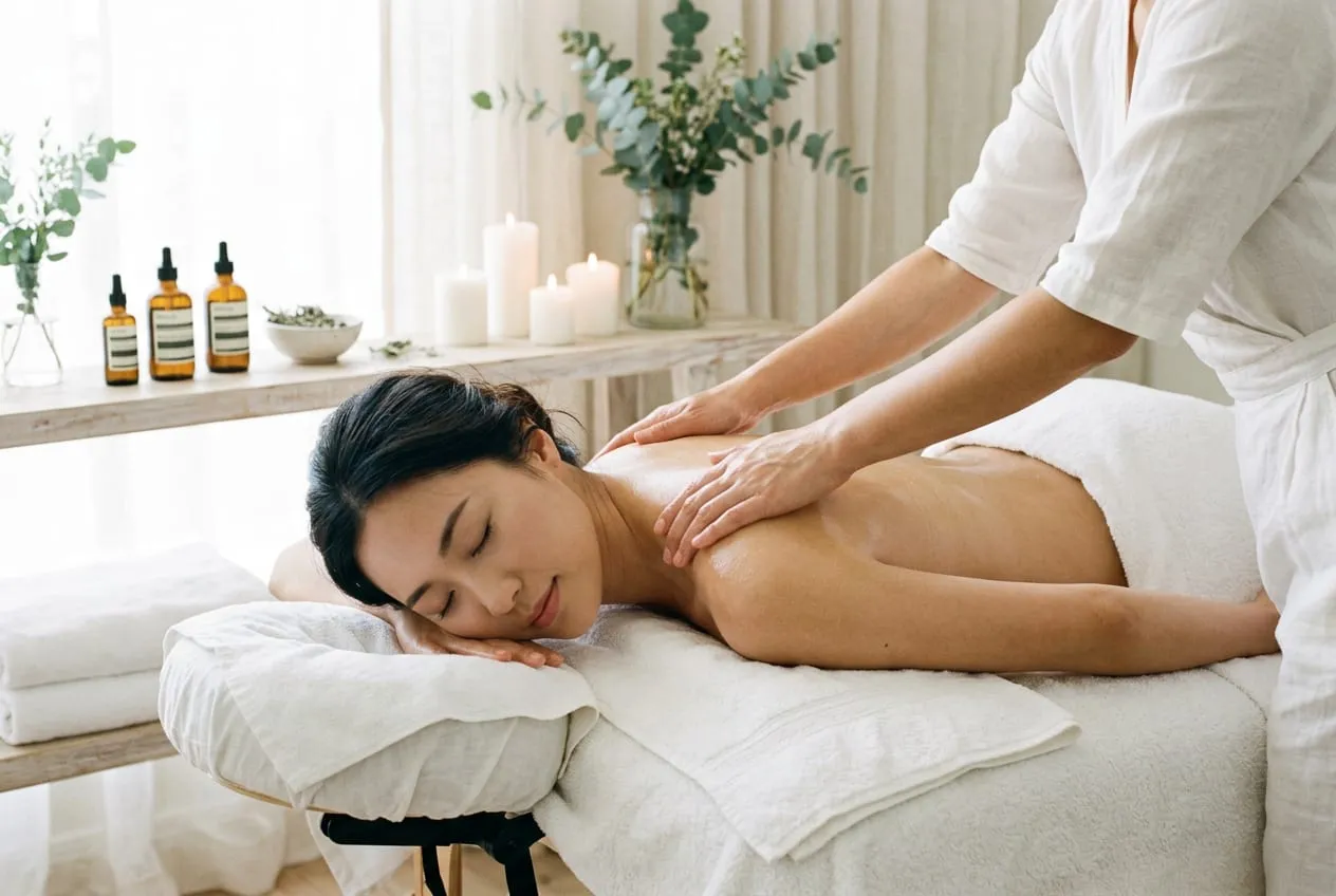A massage in progress at Sweet & Smile Massage in Daly City, warm light, candles and fresh linens