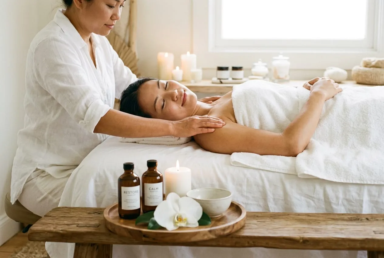 Guest resting face-down under a sheet during a gentle body scratching session — Sweet & Smile Massage, Daly City