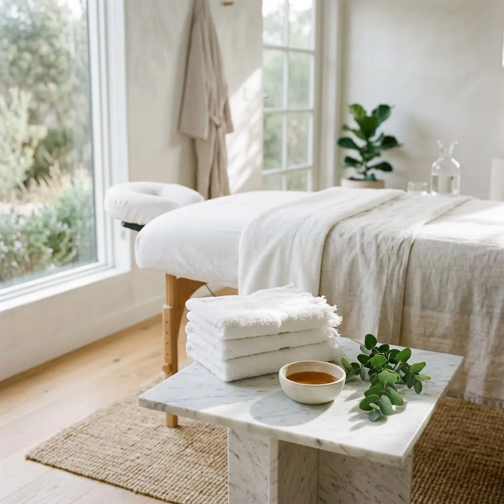 Treatment room set up before a massage, linens turned back and stones warming — Sweet & Smile Massage, Daly City