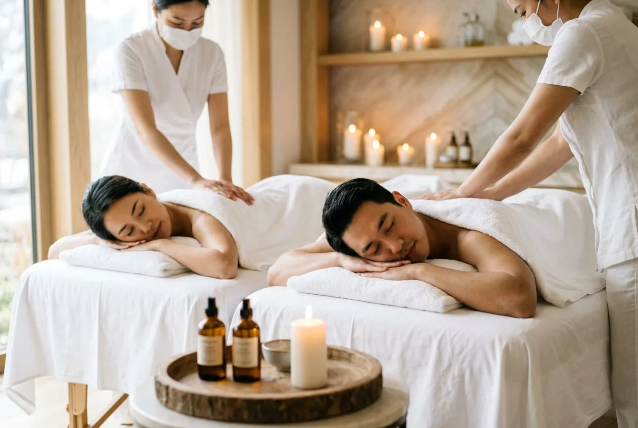 Couples massage at Sweet & Smile Massage in Daly City — two therapists working at two tables side by side in one private room